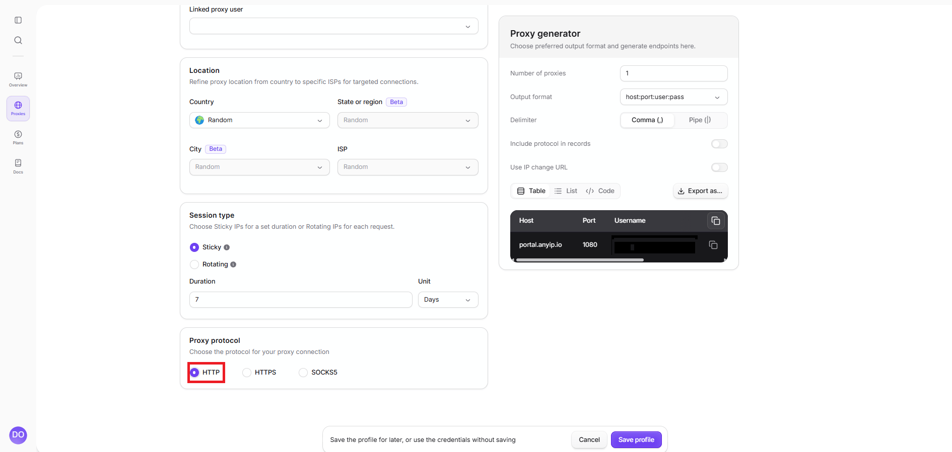 Select HTTP as the proxy protocol in the anyIP dashboard