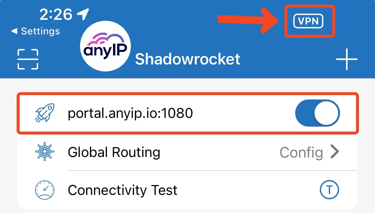 VPN icon in the notification bar, showing that you’re connected to the proxy