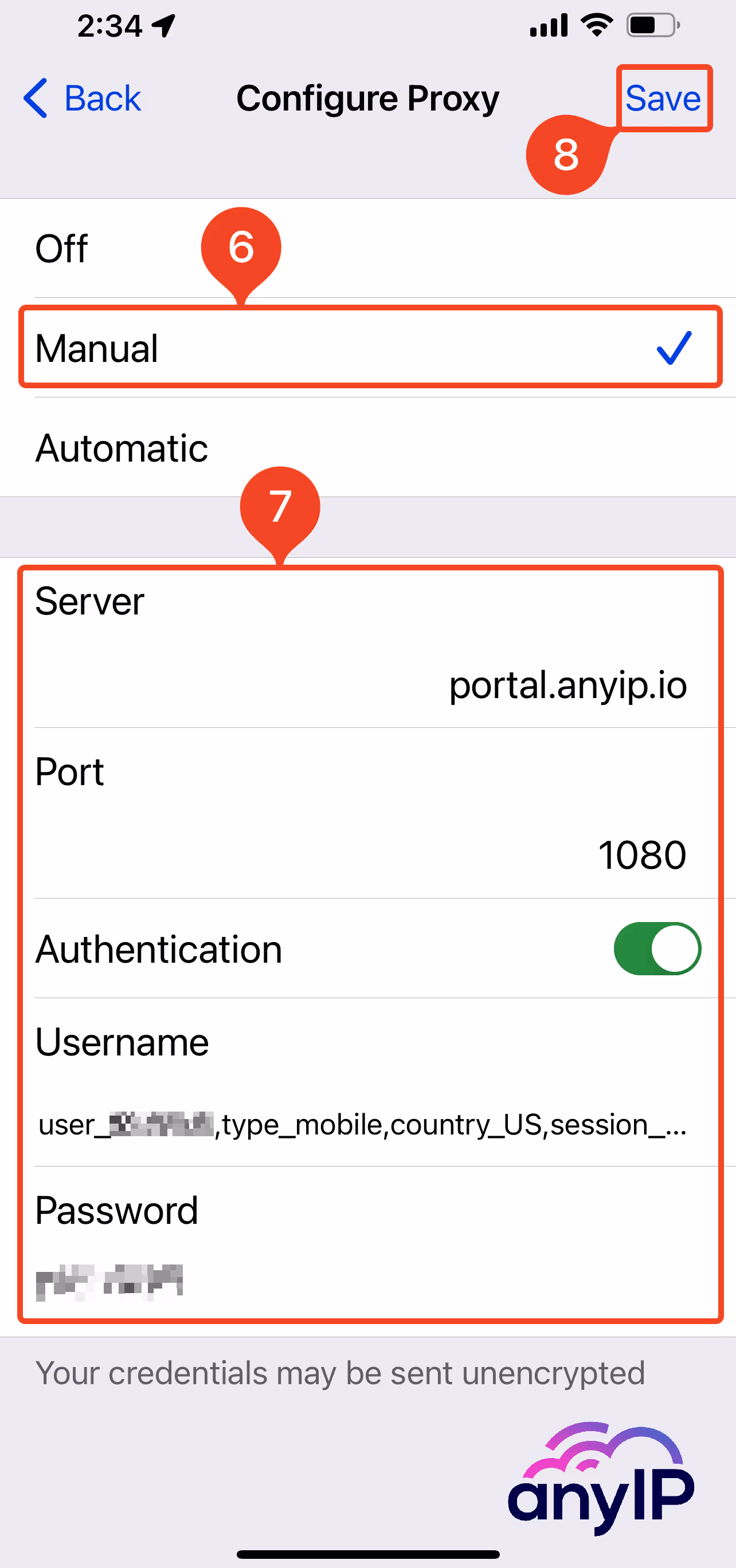 Example of a proxy configuration on iOS (iPhone and iPad).