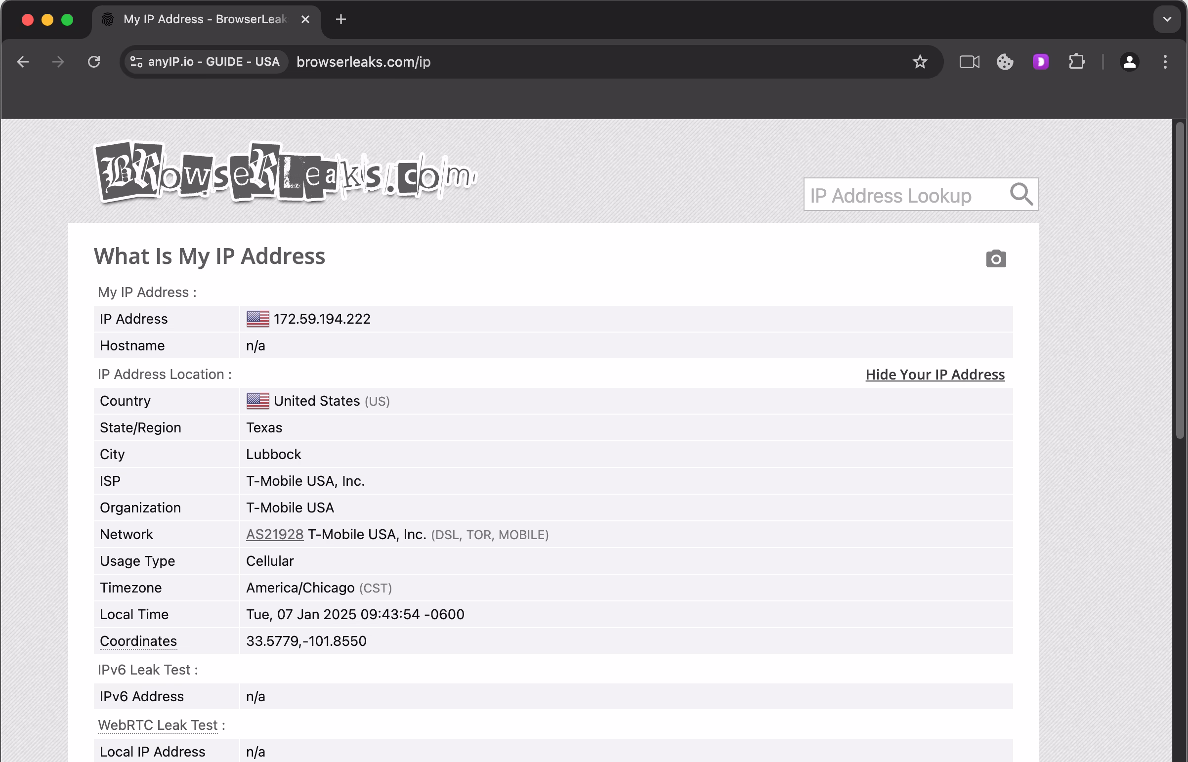 IP's details using browserleaks.com