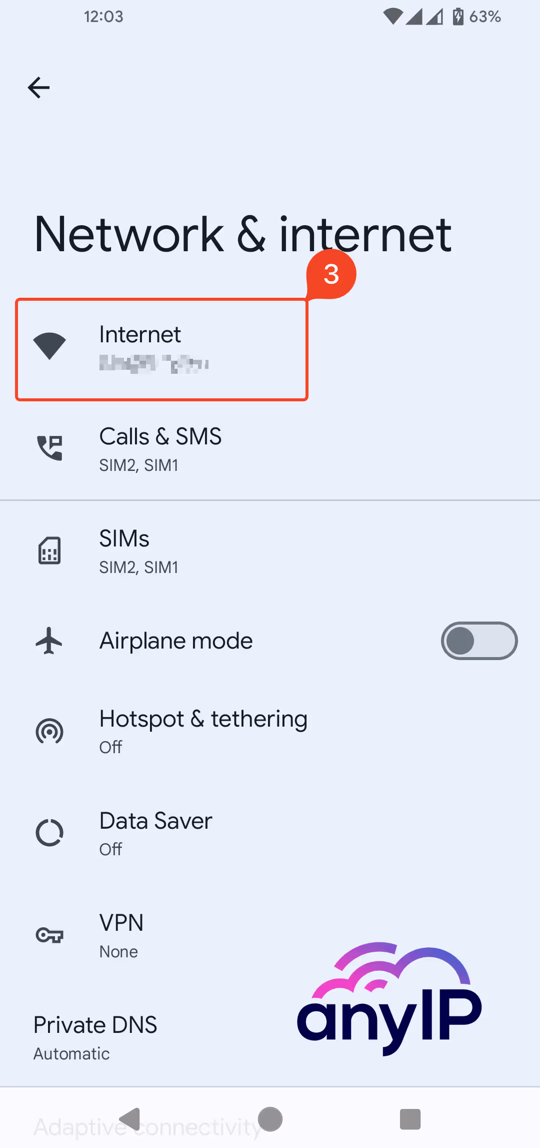 Tap 'internet' to access your SIM card settings