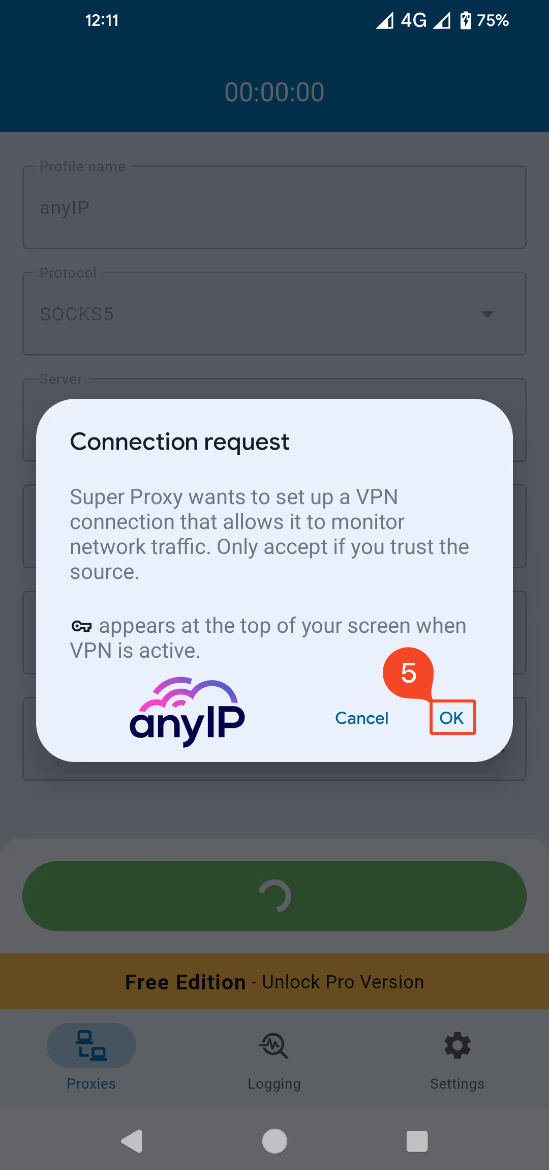 Confirmation to set up a VPN/proxy connection on Android.