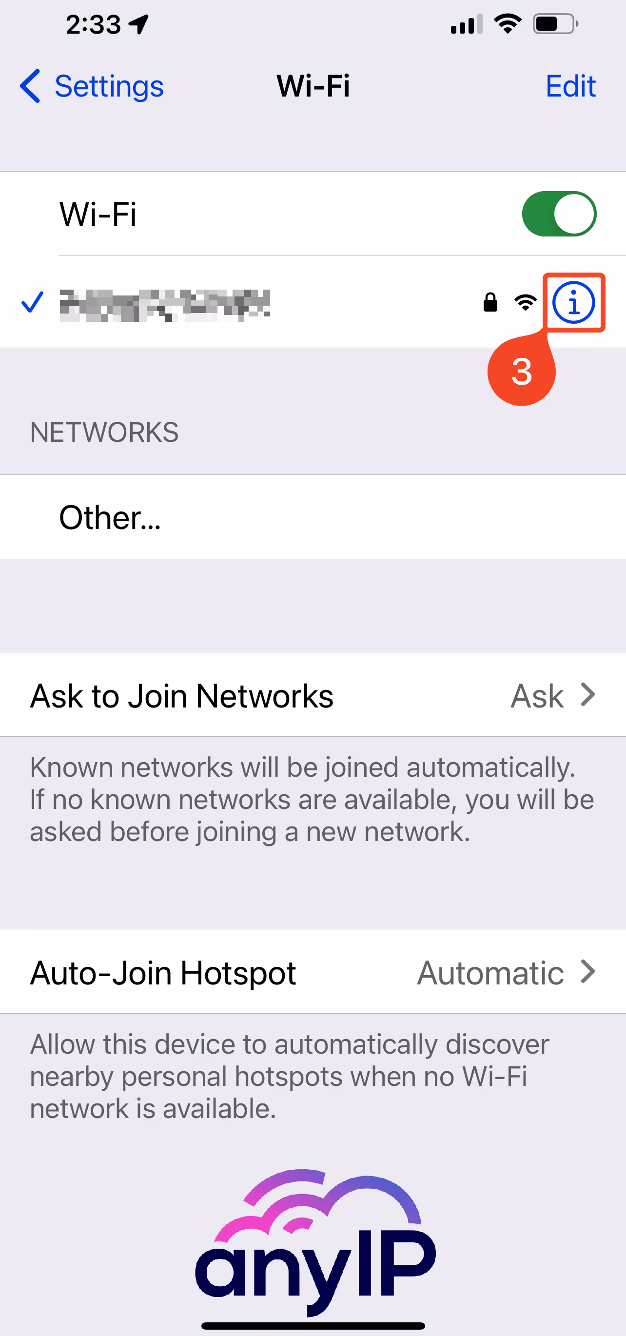 Tap the 'I' next to your connected wifi network to access the advanced settings