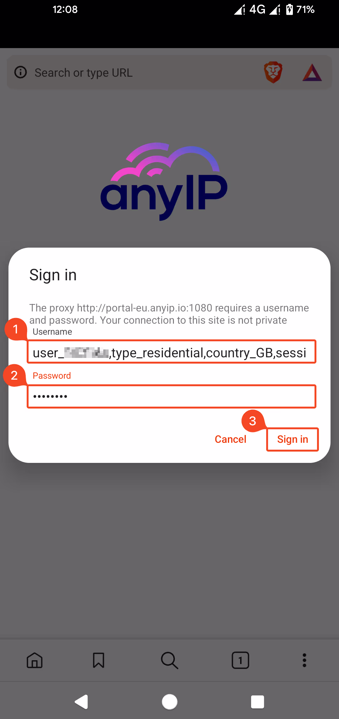 Sign-in form to connect to your proxy when using the browser