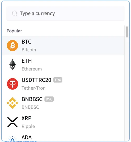 Select cryptocurrency