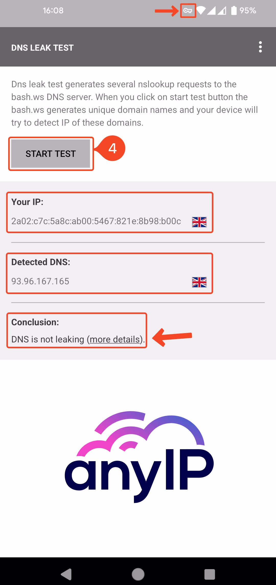 Example of a result showing no DNS leak using the DNSLEAK app