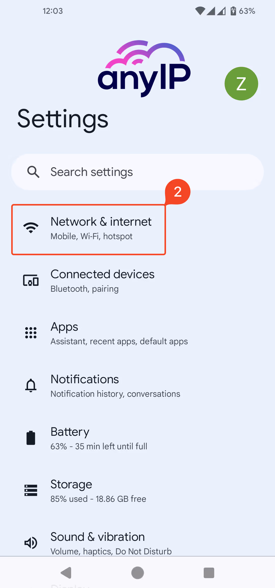 Select the Android Network & Internet settings.