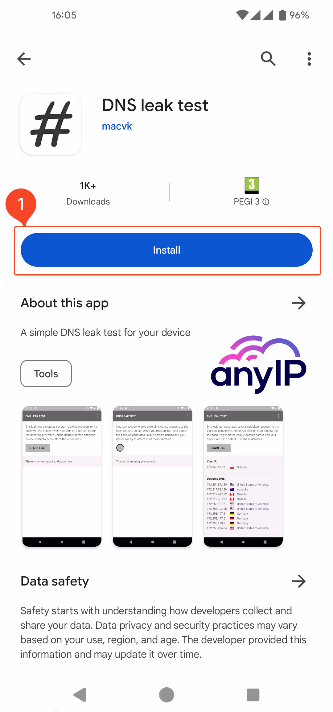 Search and Install the DNS Leak test app from the google playstore